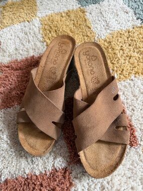 JoHono Cognac Suede Crisscross Slide Mules